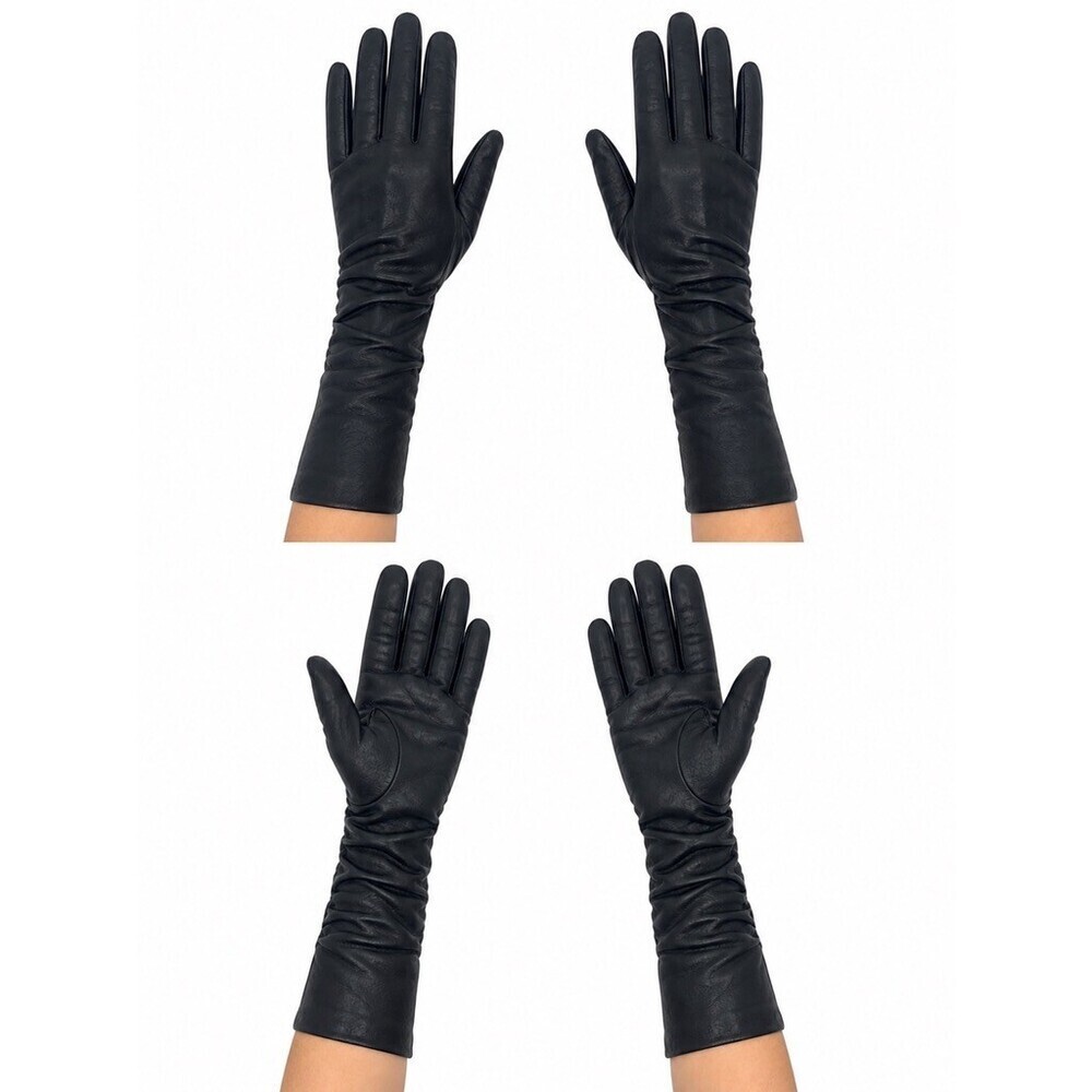 Adolfo Dominguez Black Ruched Leather Long Gloves womens Size 7½